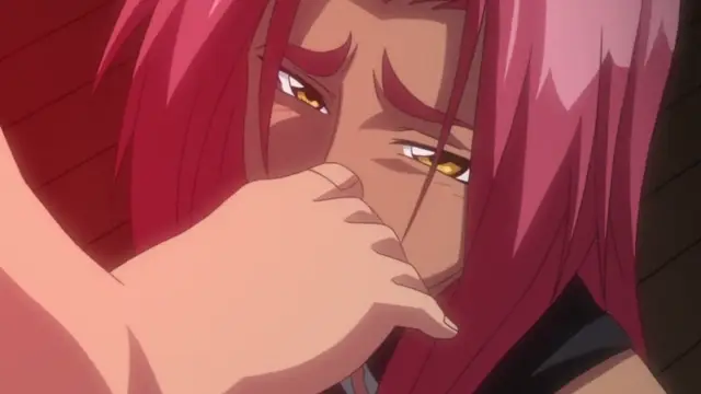 A close-up shot of a woman with long pink hair and golden eyes looking down with a heavy-lidded, expressionless gaze as a man's hand is held against her mouth to silence her. Screenshot from Makai Kishi Ingrid - Episode 4
