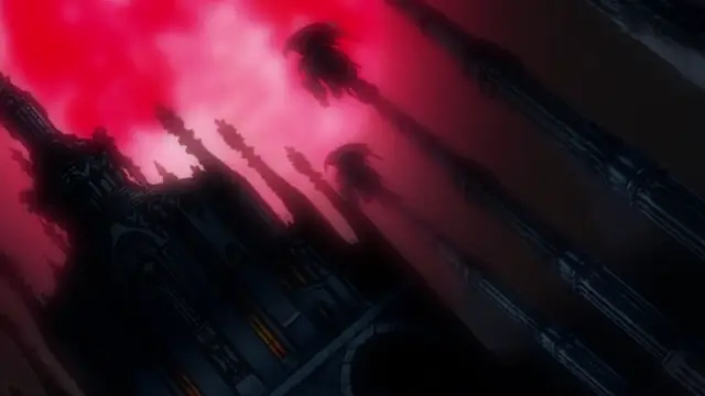 A dark, gothic-style castle or cathedral sits under a blood-red sky filled with thick smoke, featuring long, pointed spires and looming towers in a dramatic anime art style. Screenshot from Makai Kishi Ingrid - Episode 4