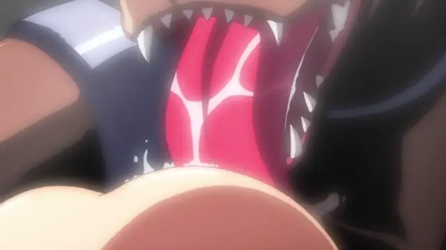 A close-up shot shows a female anime character with large, pointed teeth and a long pink tongue reaching out toward a person's large breast. Screenshot from Makai Kishi Ingrid - Episode 4