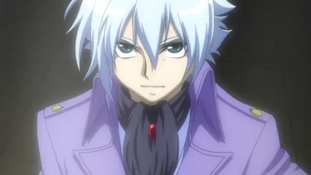A close-up shot of a male anime character with light blue hair, wearing a purple coat and a dark cravat with a red gem, looking forward with a smirk. Screenshot from Makai Kishi Ingrid - Episode 4