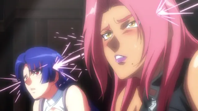 A pink-haired woman with a shocked expression looks down at a blue-haired girl who has a vein popping out of her head with a stylized "anger" effect. Screenshot from Makai Kishi Ingrid - Episode 4