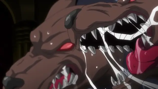 A close-up of a large brown wolf-like creature with glowing red eyes and sharp white teeth, drooling and snarling with its mouth wide open, as another similar creature's face looms in the foreground. Screenshot from Makai Kishi Ingrid - Episode 4