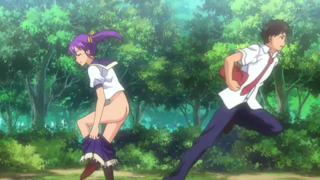 A girl with purple hair and a white top pulls up her skirt as a boy in a school uniform runs past her in a forest. Screenshot from School - Episode 1