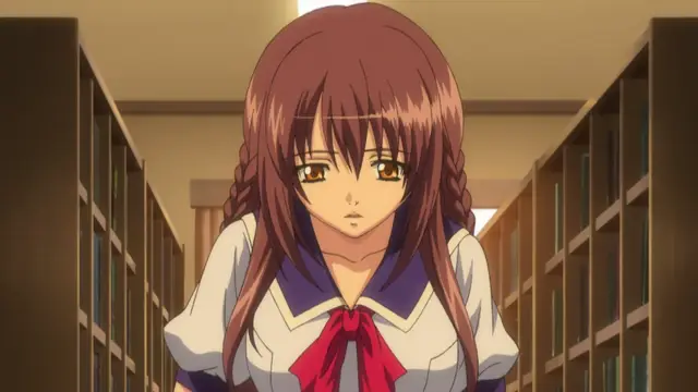 A brown-haired anime girl with a serious expression stands in a library aisle wearing a white and blue school uniform with a red bow. Screenshot from School - Episode 1