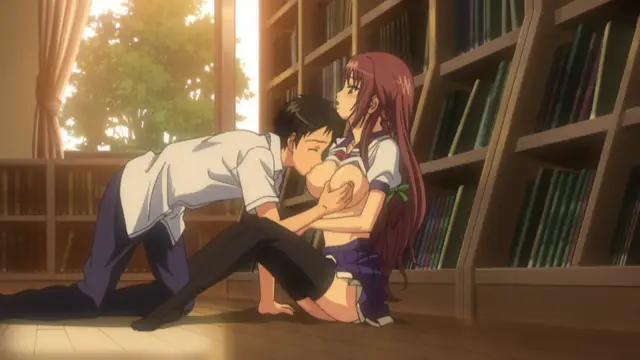 A male student in a white shirt and black trousers is kneeling and kissing a female student in a school uniform while she sits on the floor between several bookshelves in a library. Screenshot from School - Episode 1