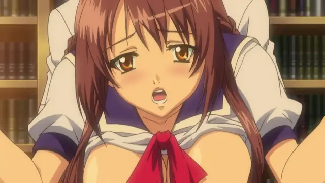 A blushing anime schoolgirl with long brown hair and a red bow around her neck is shown from the chest up, looking surprised with her mouth open while sitting in front of a bookshelf. Screenshot from School - Episode 1