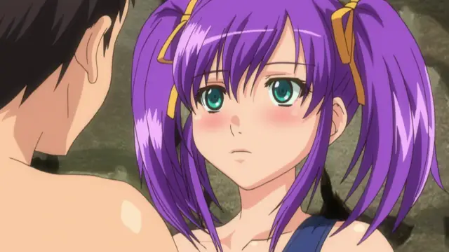 A blushing anime girl with purple twin-tails and blue eyes looks longingly at a shirtless man standing closely in front of her. Screenshot from School - Episode 2
