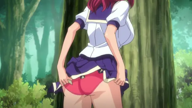 A girl in a school uniform lifts her skirt to reveal her pink panties while standing in a forest. Screenshot from School - Episode 2