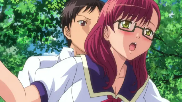 A red-haired girl with glasses looks surprised and blushing as a boy with dark hair stands closely behind her in a forest setting. Screenshot from School - Episode 2