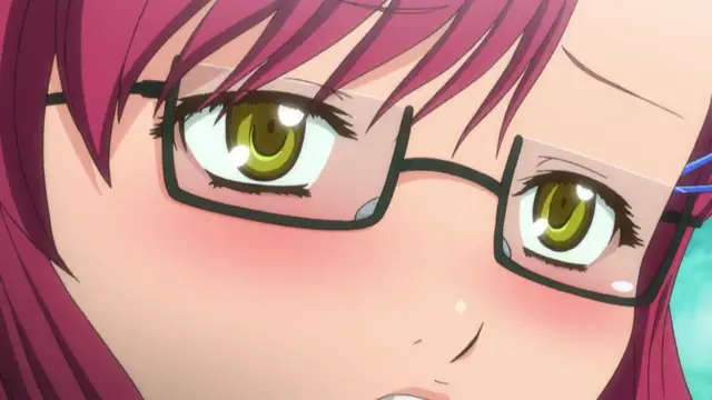 A close-up of a blushing anime girl with pink hair and glasses looking shocked or aroused with a wide-eyed expression. Screenshot from School - Episode 2