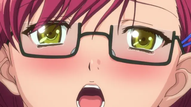 A close-up of an anime girl with pink hair and glasses, blushing deeply and crying with her mouth open in a shocked or overwhelmed expression. Screenshot from School - Episode 2