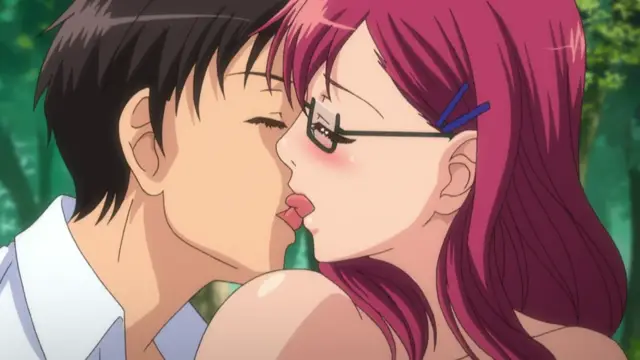 A young man with black hair and a white shirt leans in to kiss a woman with pink hair and glasses in a forest setting. Screenshot from School - Episode 2