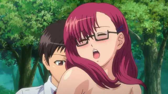 A pink-haired woman with glasses and an open mouth is positioned in front of a surprised male student in a forest setting. Screenshot from School - Episode 2