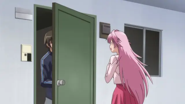 A man with brown hair in a blue track jacket stands in a doorway, looking at a long-haired girl with pink hair wearing a white shirt and a pink skirt. Screenshot from Shocking Pink! - Episode 1