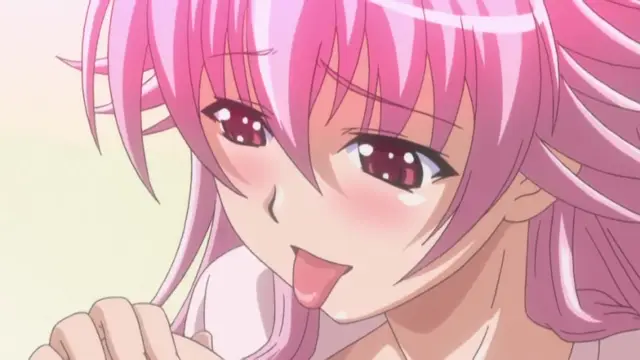 A pink-haired anime girl with blushing cheeks and heavy-lidded eyes sticks out her tongue while looking towards the viewer. Screenshot from Shocking Pink! - Episode 1