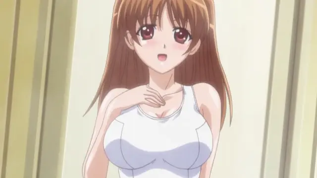 A brunette anime girl wearing a tight white tank top stands in a hallway with a surprised expression. Screenshot from Shocking Pink! - Episode 2