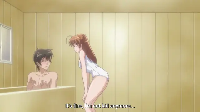 A blushing anime girl in a white romper stands in a bathroom next to a shirtless man in the mirror, with subtitles stating, "It's fine, I'm not kid anymore...". Screenshot from Shocking Pink! - Episode 2