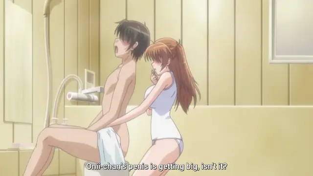 A blushing anime girl in a white tank top and underwear touches the penis of a sitting shirtless man in a bathroom while the subtitle reads, "Onii-chan's penis is getting big, isn't it?". Screenshot from Shocking Pink! - Episode 2