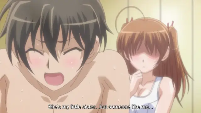 A shirtless, blushing young man with messy black hair looks forward with an open-mouthed expression, while a blushing girl with pigtails stands behind him in a white tank top, with subtitles reading, "She's my little sister... but someone like me...". Screenshot from Shocking Pink! - Episode 2