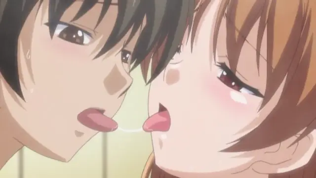 A close-up shot of an anime girl and a boy with their tongues sticking out and touching each other's lips. Screenshot from Shocking Pink! - Episode 2