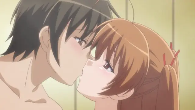 A close-up anime shot shows a shirtless man with dark hair leaning in to kiss a brown-haired girl with a ponytail in what appears to be a shower. Screenshot from Shocking Pink! - Episode 2