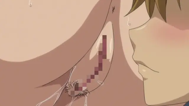 A close-up shot shows a sweating anime man with blushing cheeks looking down at a woman's vulva, which is being penetrated by a large, pixelated penis with thick white fluids dripping down the pubic area. Screenshot from Soushisouai Note - Episode 1