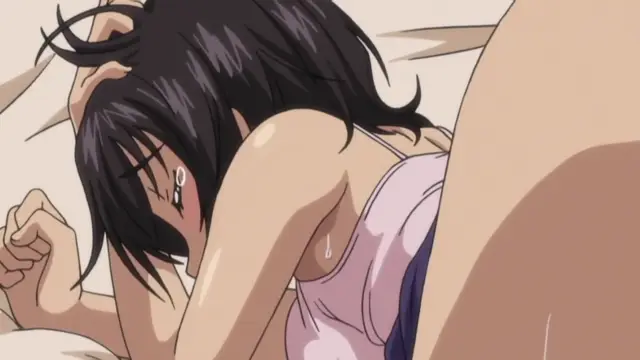 A woman with long dark hair and tears in her eyes is shown leaning forward in a white bed, wearing a pink bikini top while being pressed against a large, pale body. Screenshot from Soushisouai Note - Episode 1
