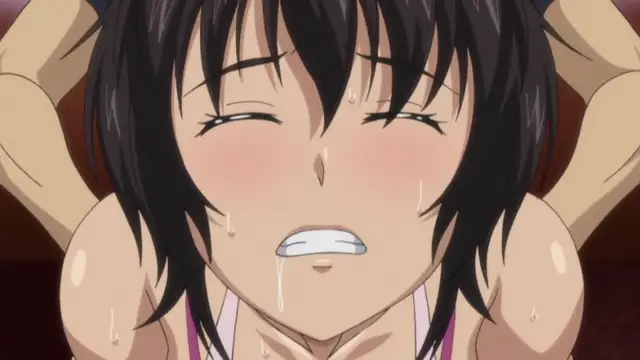A sweaty, blushing anime girl with black hair and closed eyes has her hands behind her head as she makes a strained expression, looking like she is being fucked. Screenshot from Soushisouai Note - Episode 1