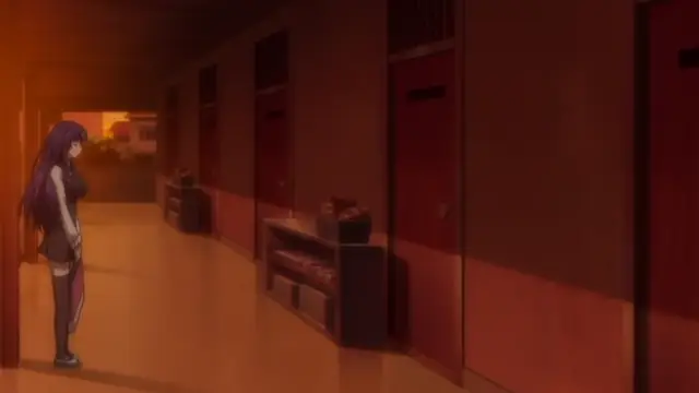 A long-haired anime girl in a school uniform stands in a dimly lit school hallway at sunset, looking toward the viewer. Screenshot from Soushisouai Note - Episode 1