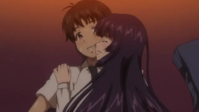 A boy with short brown hair smiles and hugs a long-haired purple-haired girl from behind while she rests her head on his shoulder with her eyes closed. Screenshot from Soushisouai Note - Episode 1