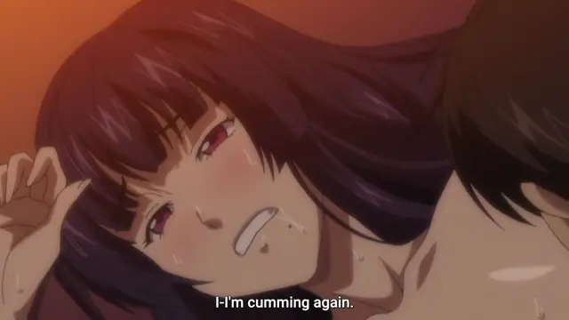 A close-up shot of an anime girl with long dark hair and a distressed expression, sweat dripping down her face, as a man lies next to her with the subtitle "I-I'm cumming again.". Screenshot from Soushisouai Note - Episode 1