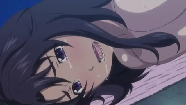 A close-up anime shot of a blushing, crying girl with long dark hair lying on her back on a bed, with visible sweat and saliva on her face. Screenshot from Soushisouai Note - Episode 2