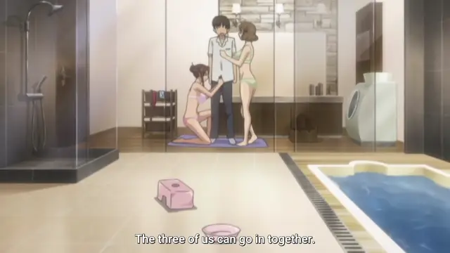 A man in a shirt and pants stands in a bathroom with two women in bikini bottoms, one kneeling and the other standing beside him, as the subtitle reads, "The three of us can go in together.". Screenshot from Soushisouai Note - Episode 2