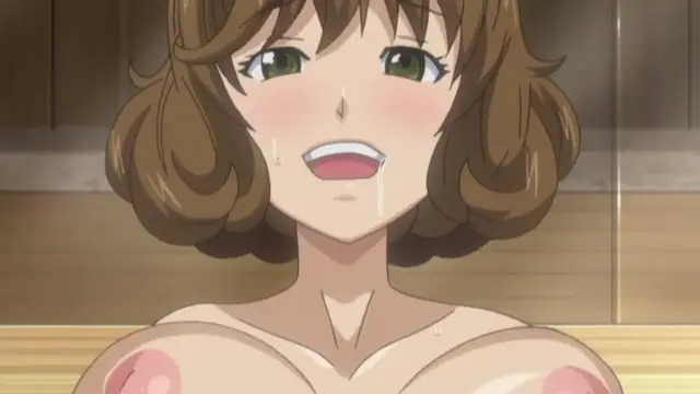 A close-up shot of a blushing anime girl with brown curly hair, sweat on her face, and an open mouth, looking forward while topless in a bathhouse or sauna. Screenshot from Soushisouai Note - Episode 2
