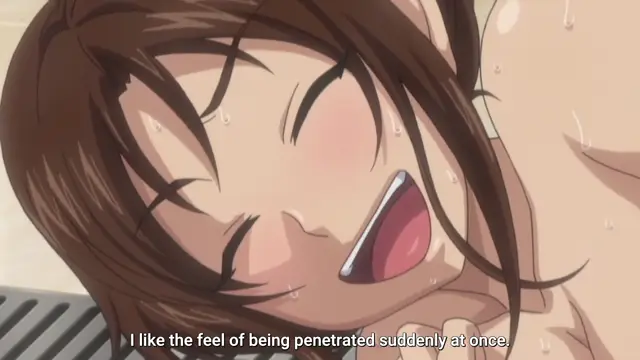 A close-up of a sweaty, blushing anime girl with her eyes closed and mouth open in an expression of pleasure as she lies on her back, with the subtitle "I like the feel of being penetrated suddenly at once.". Screenshot from Soushisouai Note - Episode 2