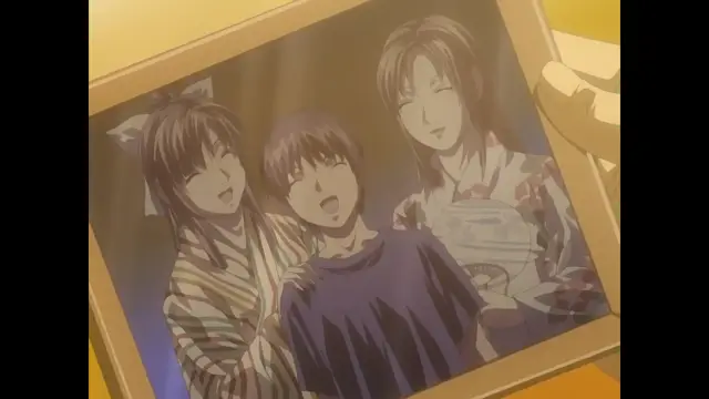 A framed picture shows a cheerful group of three characters, including a boy in the center and two girls on either side wearing traditional Japanese kimonos. Screenshot from Cleavage - Episode 1