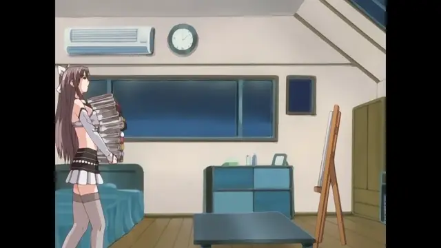 An anime girl with long hair and animal ears stands in a bedroom holding a large stack of books. Screenshot from Cleavage - Episode 1