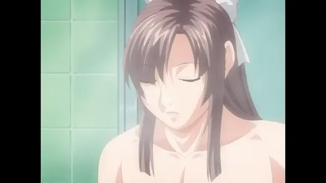 A close-up shot of a nude anime girl with brown hair and a white ribbon in her hair looking down with her eyes closed in a shower or bath. Screenshot from Cleavage - Episode 1