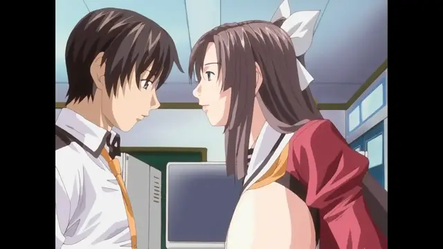 A male student and a female student in school uniforms face each other closely in an office-like setting, with the girl exposing her large breast while the boy looks on with a serious expression. Screenshot from Cleavage - Episode 1