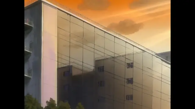 A large glass-windowed building reflects a neighboring structure under a golden sunset sky with scattered clouds. Screenshot from Cleavage - Episode 1