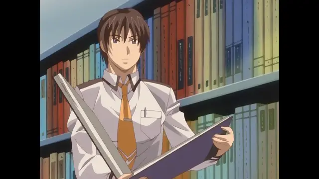 A male anime character with brown hair, wearing a white uniform shirt with an orange tie, stands in a library holding a folder and a book. Screenshot from Cleavage - Episode 2