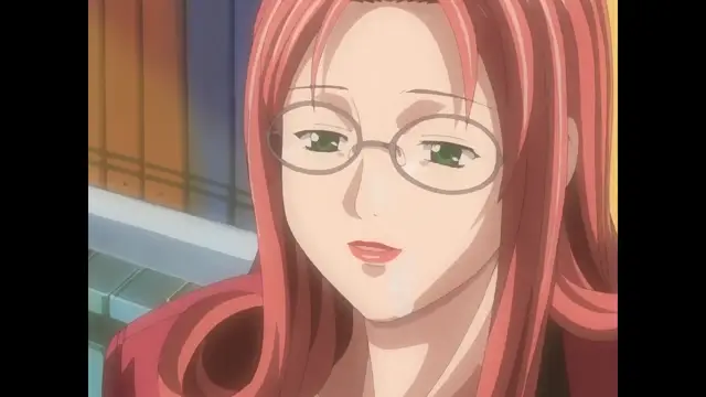 A close-up of an anime woman with long red hair and glasses, showing an aroused expression with drool escaping from her mouth. Screenshot from Cleavage - Episode 2