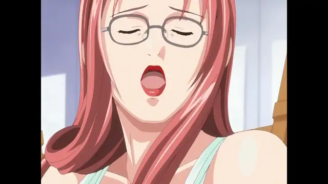 A close-up of an anime woman with red hair and glasses having an open-mouthed, blissful expression with her eyes closed. Screenshot from Cleavage - Episode 2