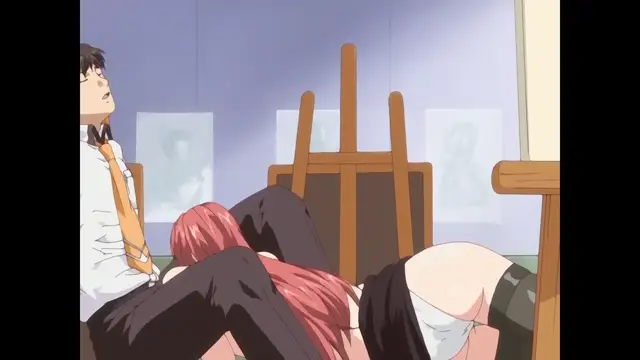 A man in a white shirt and orange tie watches with a glazed expression as a girl with long pink hair lies face down on a table while being penetrated from behind. Screenshot from Cleavage - Episode 2