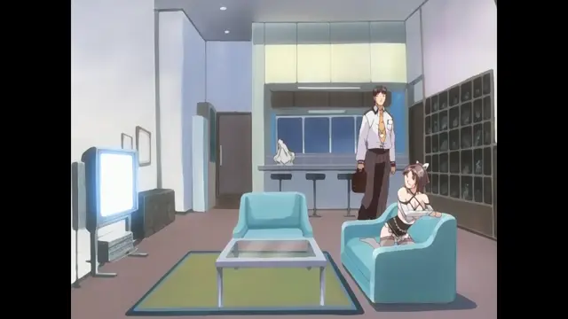 A man in a suit stands in a modern living room next to a girl in a skimpy outfit who is sitting on a blue sofa, facing a television. Screenshot from Cleavage - Episode 2