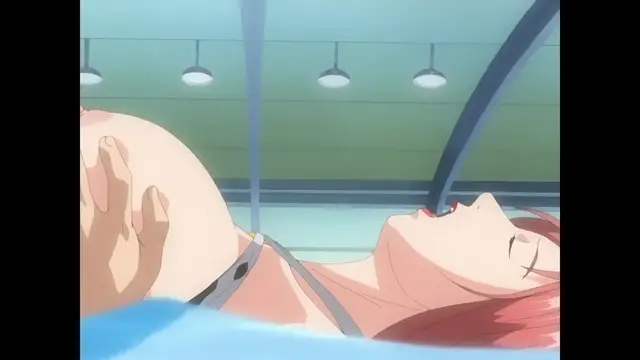 A red-haired girl with closed eyes lies on a blue surface, her chest exposed and her hand resting on her belly in a room with ceiling lights. Screenshot from Cleavage - Episode 2