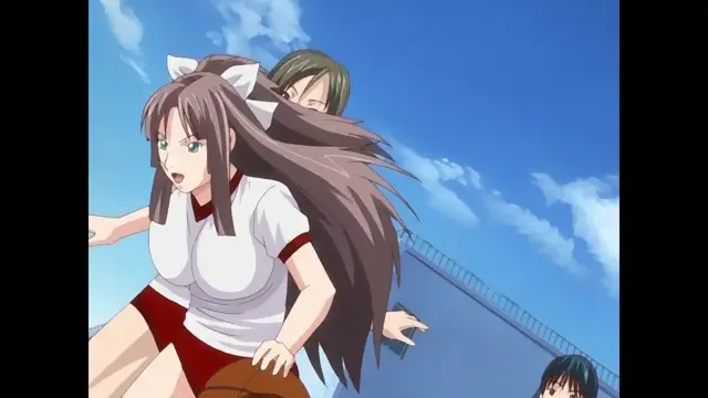 A long-haired girl in a white and red sports outfit with white hair ribbons holds a basketball while a man with green hair stands behind her on an outdoor basketball court under a blue sky. Screenshot from Cleavage - Episode 2