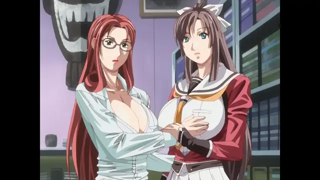 An older woman with long red hair and glasses in a white shirt stands next to a young woman in a school uniform, with the older woman placing her hands on the younger woman's large breasts. Screenshot from Cleavage - Episode 2