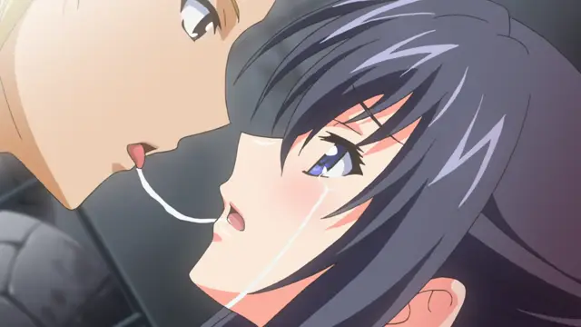 A blonde man is shown from the side, pressing his lips against a blue-haired woman's face while a thick white fluid drips from his mouth onto her chin. Screenshot from Wanna SpartanSex Spermax!!! - Episode 1