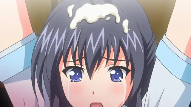 A blushing anime girl with blue hair and teary eyes looks overwhelmed as a white fluid drips from her head. Screenshot from Wanna SpartanSex Spermax!!! - Episode 1